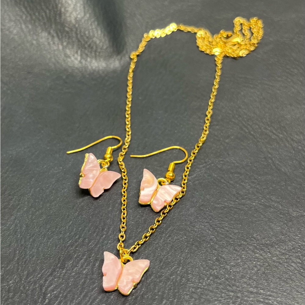 Light pink butterfly necklace and earring set